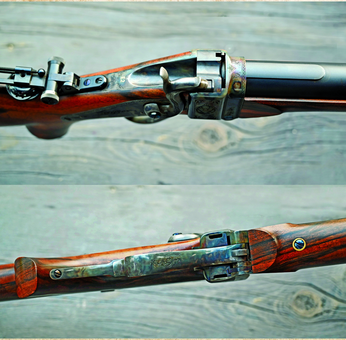The Rigby flat of the Model 1877 adds a distinctive touch of class to the rifle, as well as the flared side panels of the forearm.